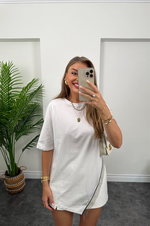 Etek Ucu Zincirli Tam Pamuklu Tasarım Tshirt Beyaz