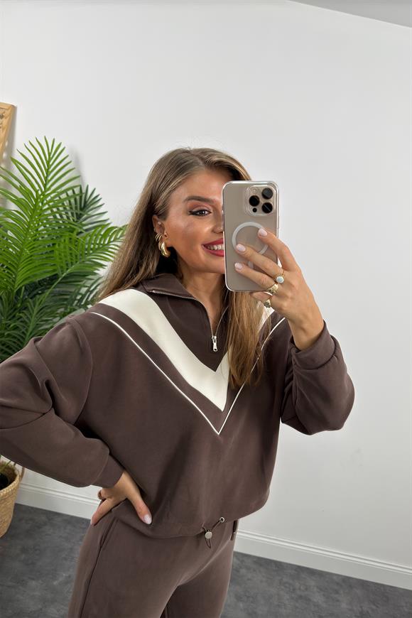 Fermuarlı Şeritli 1. Sınıf Kalite Oysh Model Modal Kumaş Takım Yıkamalı Kahverengi