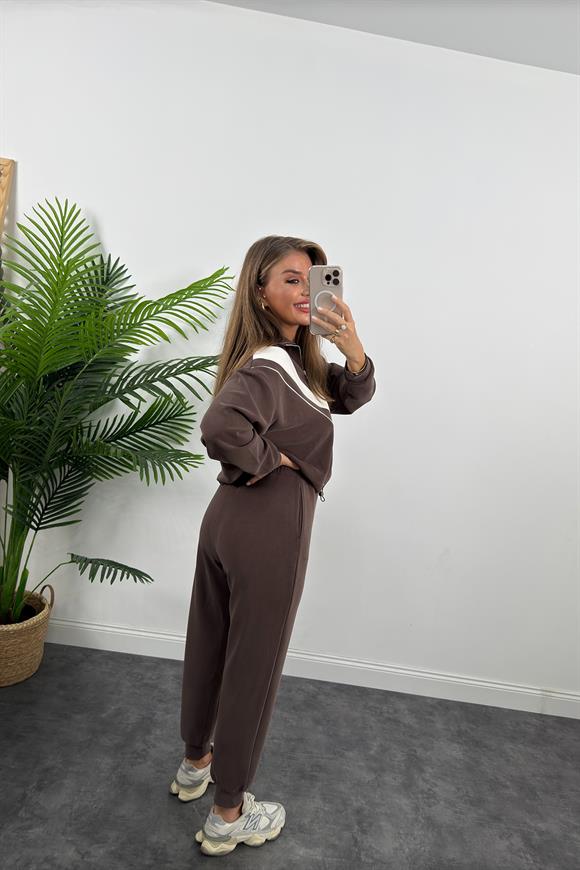 Fermuarlı Şeritli 1. Sınıf Kalite Oysh Model Modal Kumaş Takım Yıkamalı Kahverengi