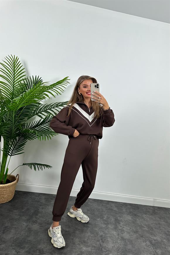 Fermuarlı Şeritli 1. Sınıf Kalite Oysh Model Modal  Kumaş Takım Kahverengi