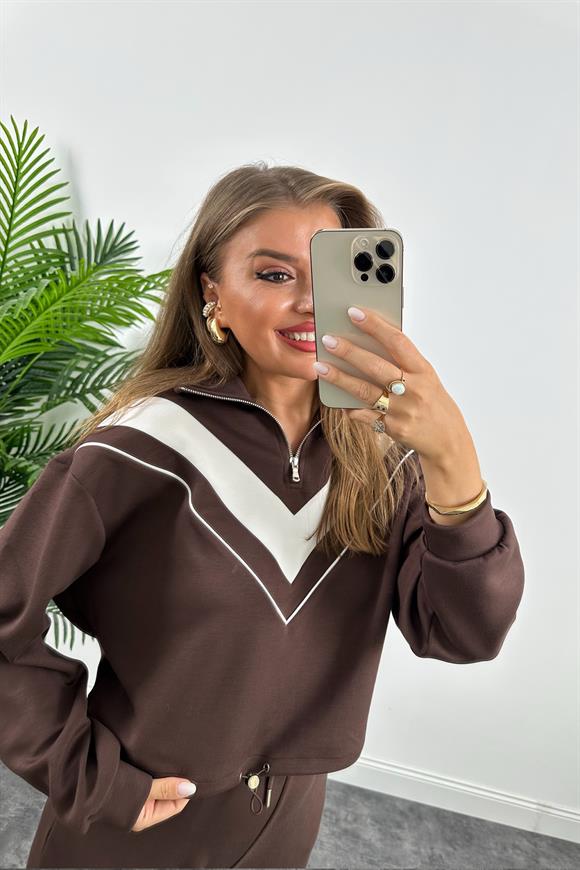 Fermuarlı Şeritli 1. Sınıf Kalite Oysh Model Modal  Kumaş Takım Kahverengi