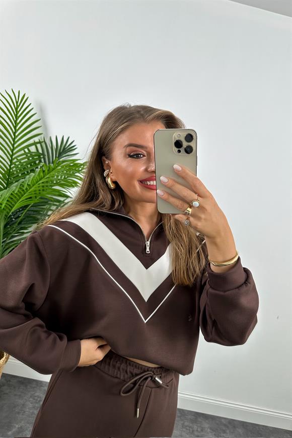 Fermuarlı Şeritli 1. Sınıf Kalite Oysh Model Modal  Kumaş Takım Kahverengi