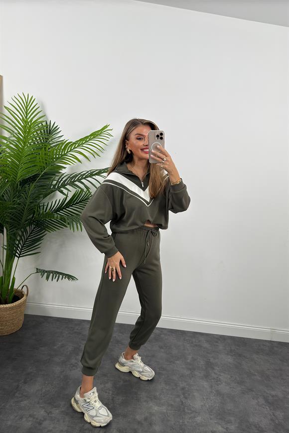 Fermuarlı Şeritli 1. Sınıf Kalite Oysh Model Modal Kumaş Takım Yıkamalı Haki