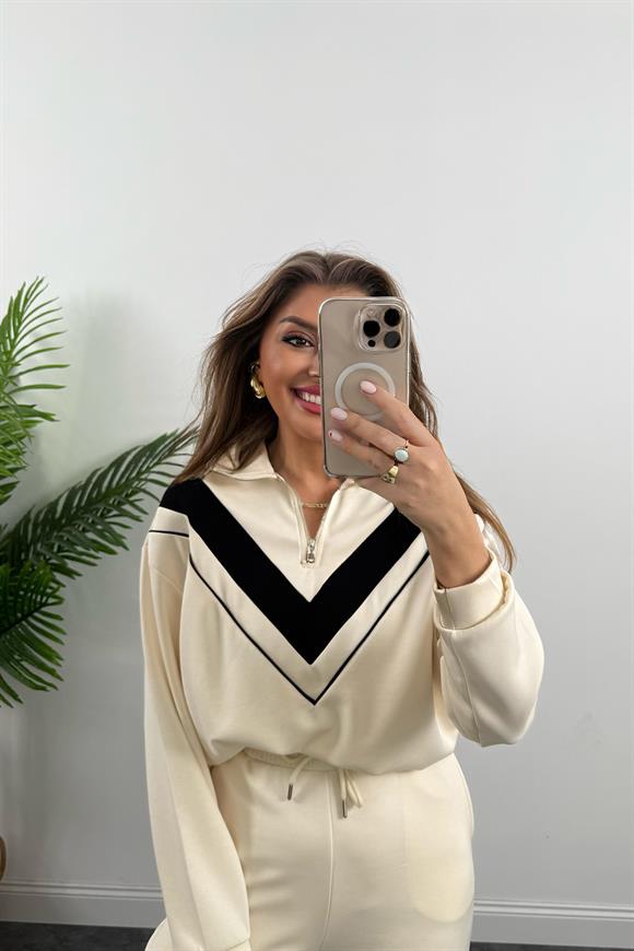 Fermuarlı Şeritli 1. Sınıf Kalite Oysh Model Modal Kumaş Takım Krem