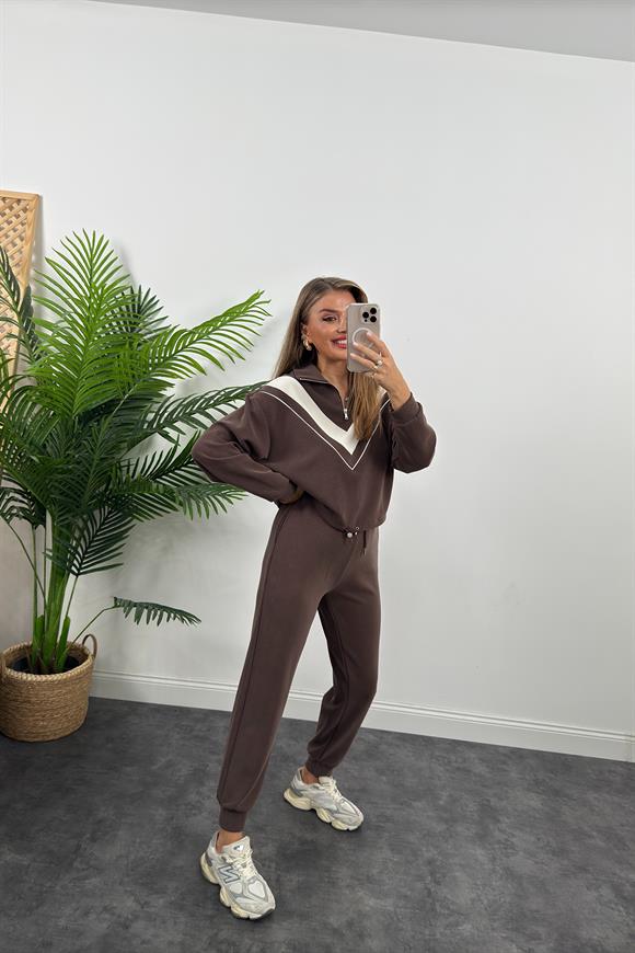 Fermuarlı Şeritli 1. Sınıf Kalite Oysh Model Modal Kumaş Takım Yıkamalı Kahverengi