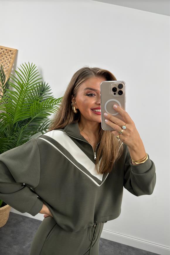 Fermuarlı Şeritli 1. Sınıf Kalite Oysh Model Modal Kumaş Takım Yıkamalı Haki