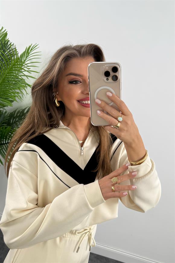 Fermuarlı Şeritli 1. Sınıf Kalite Oysh Model Modal Kumaş Takım Krem