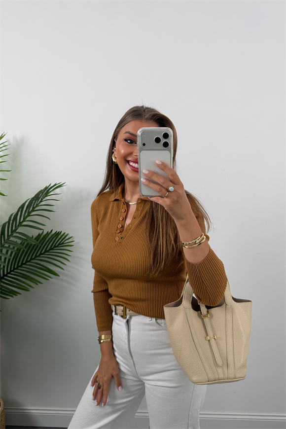 Fitilli Polo Yaka İnce Triko Camel