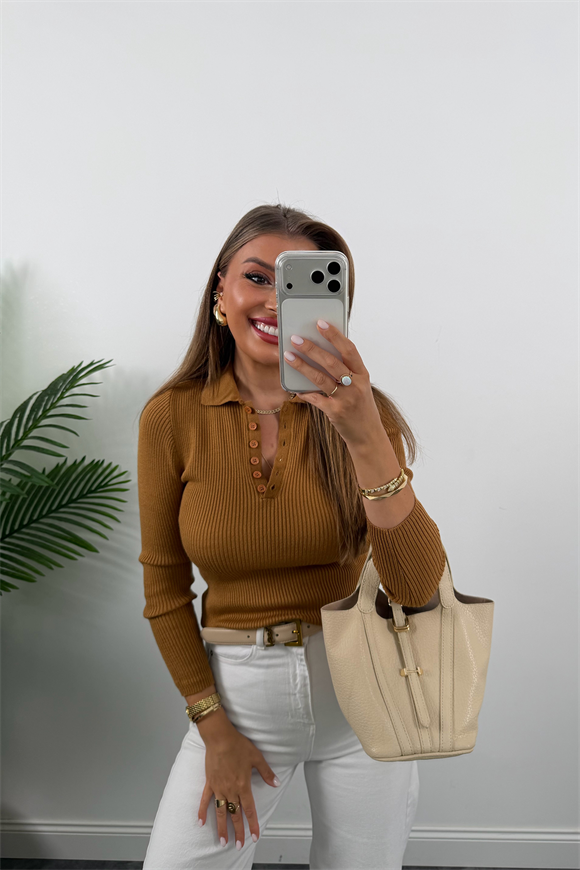 Fitilli Polo Yaka İnce Triko Camel