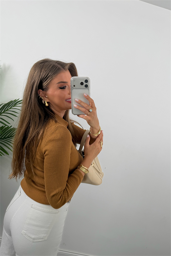 Fitilli Polo Yaka İnce Triko Camel