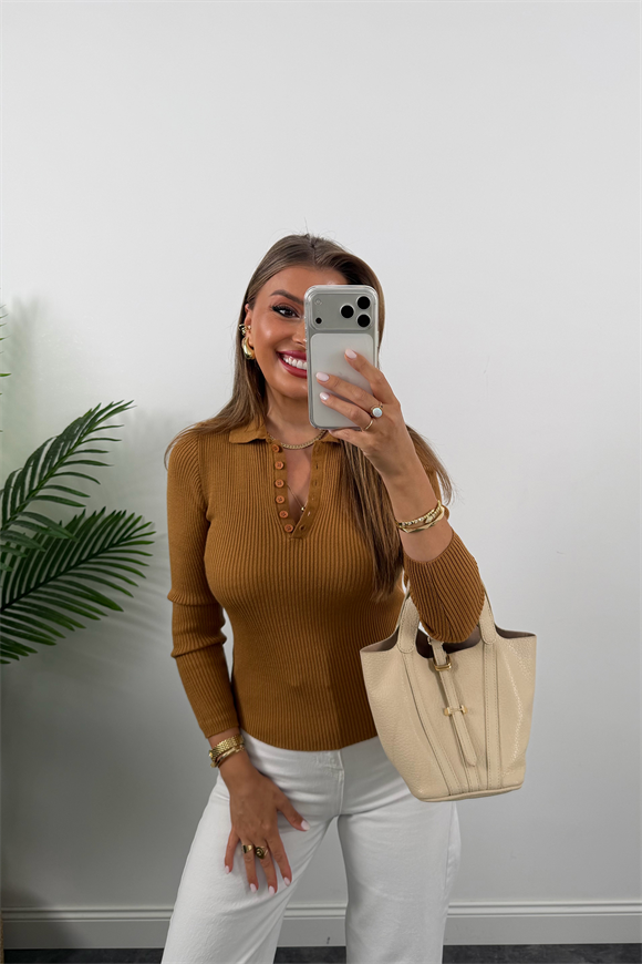 Fitilli Polo Yaka İnce Triko Camel