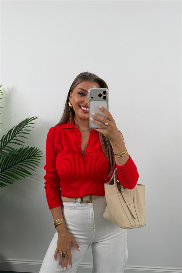 Fitilli Polo Yaka İnce Triko Kırmızı