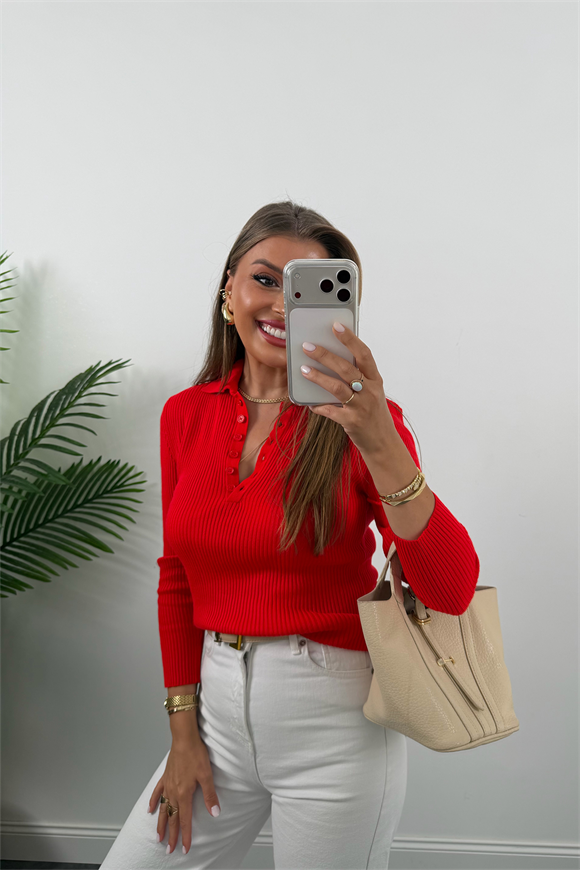 Fitilli Polo Yaka İnce Triko Kırmızı