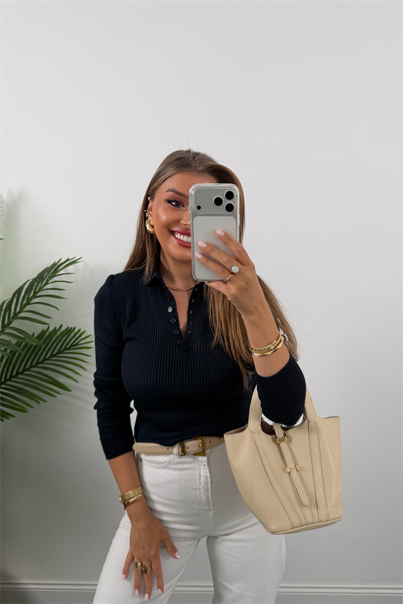 Fitilli Polo Yaka İnce Triko Lacivert