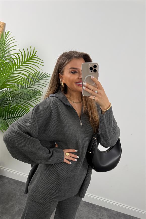 Fitilli Salaş Triko Takım Gri