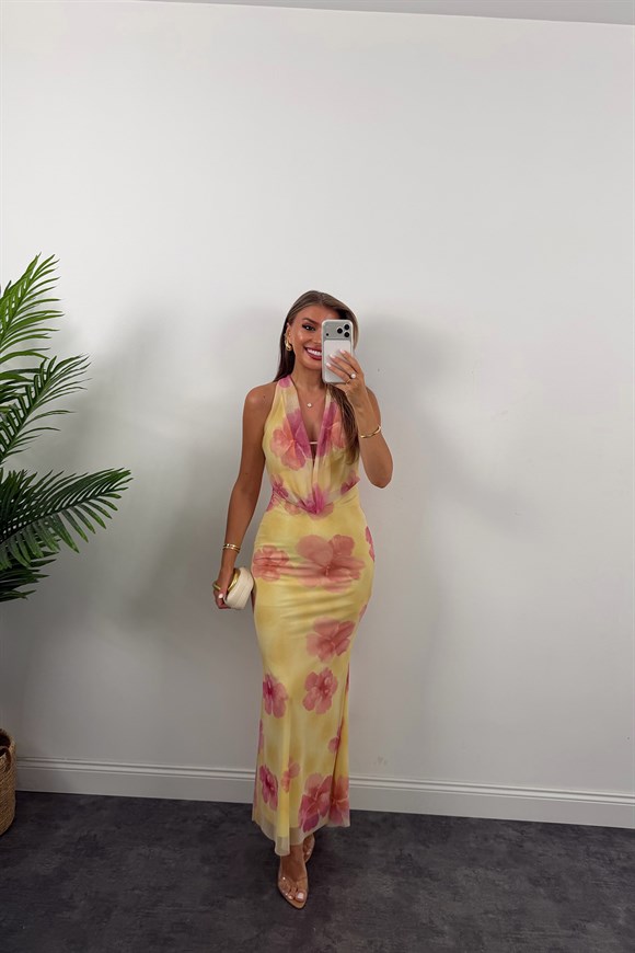 Floral Desen Likralı Maxi Tül Elbise Sarı Pembe