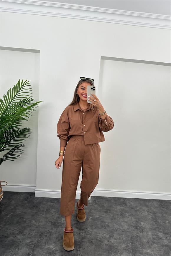 Galia Premium Kalite Gömlek Jogger Pantolon Takım Tatlı Kahve 