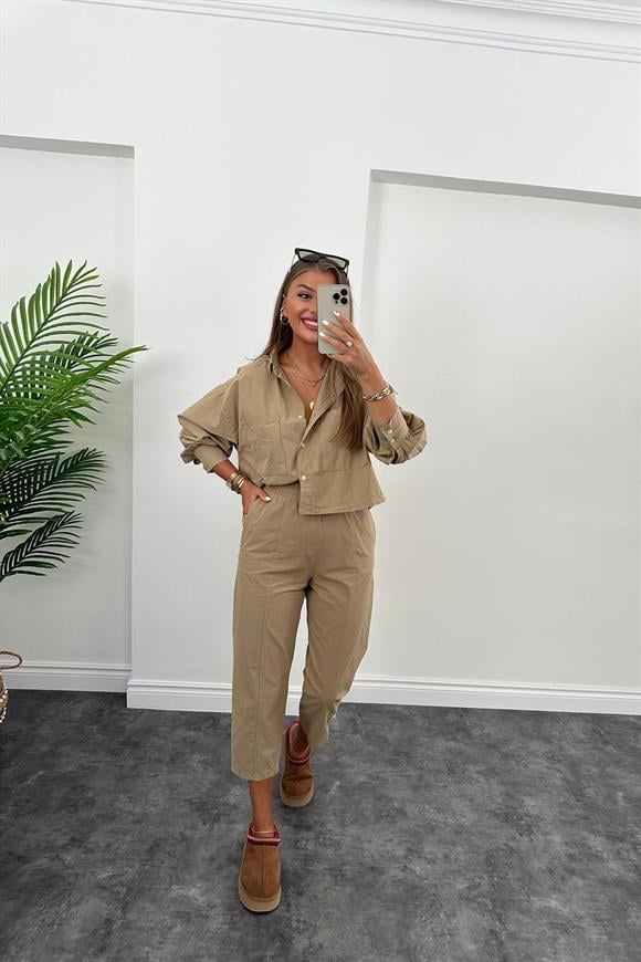 Galia Premium Kalite Gömlek Jogger Pantolon Takım Olive Vizon 