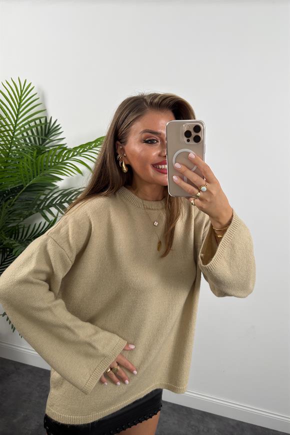 Geniş Kol Basic Yumoş Salaş Kazak Bej