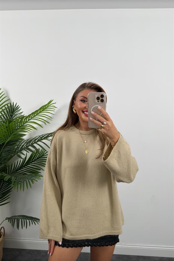 Geniş Kol Basic Yumoş Salaş Kazak Bej