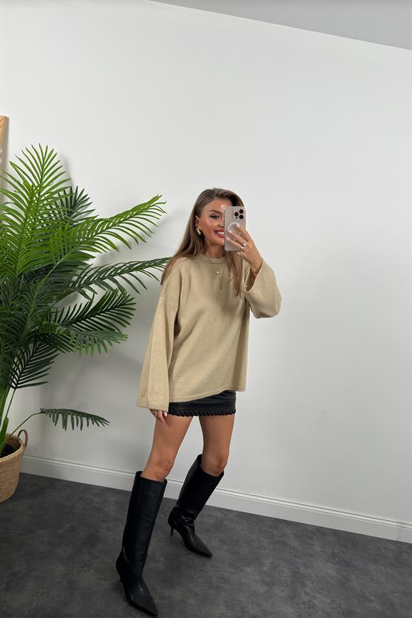 Geniş Kol Basic Yumoş Salaş Kazak Bej