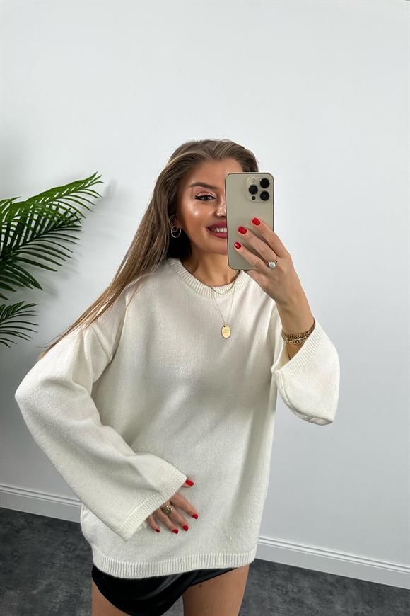 Geniş Kol Basic Yumoş Salaş Kazak Ekru