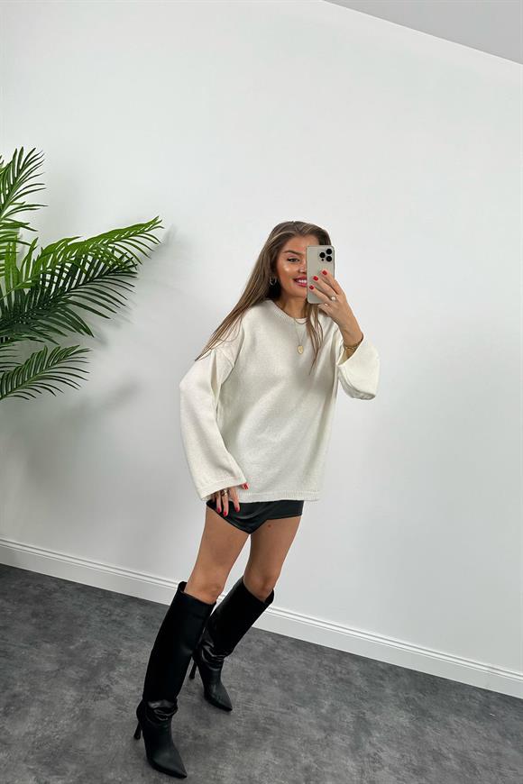 Geniş Kol Basic Yumoş Salaş Kazak Ekru