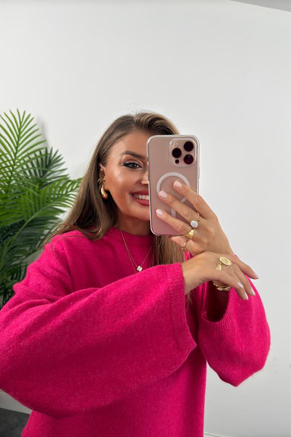 Geniş Kol Basic Yumoş Salaş Kazak Fuşya