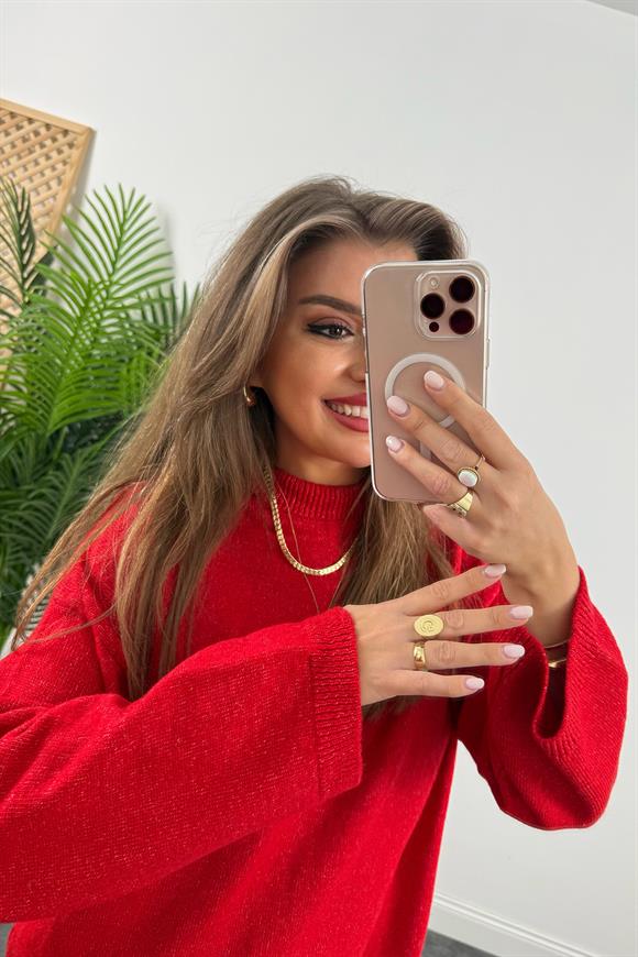 Geniş Kol Basic Yumoş Salaş Kazak Kırmızı