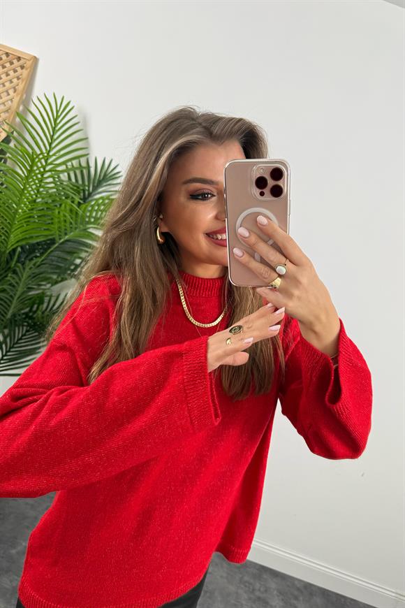 Geniş Kol Basic Yumoş Salaş Kazak Kırmızı