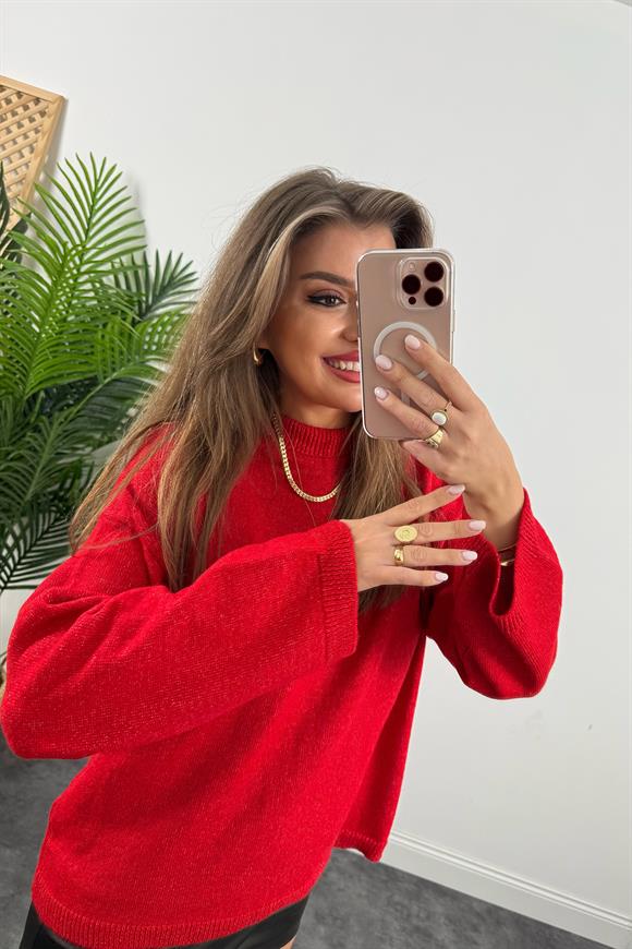 Geniş Kol Basic Yumoş Salaş Kazak Kırmızı