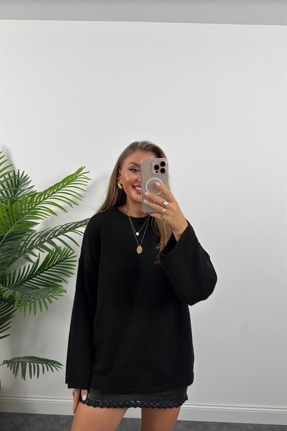 Geniş Kol Basic Yumoş Salaş Kazak Siyah