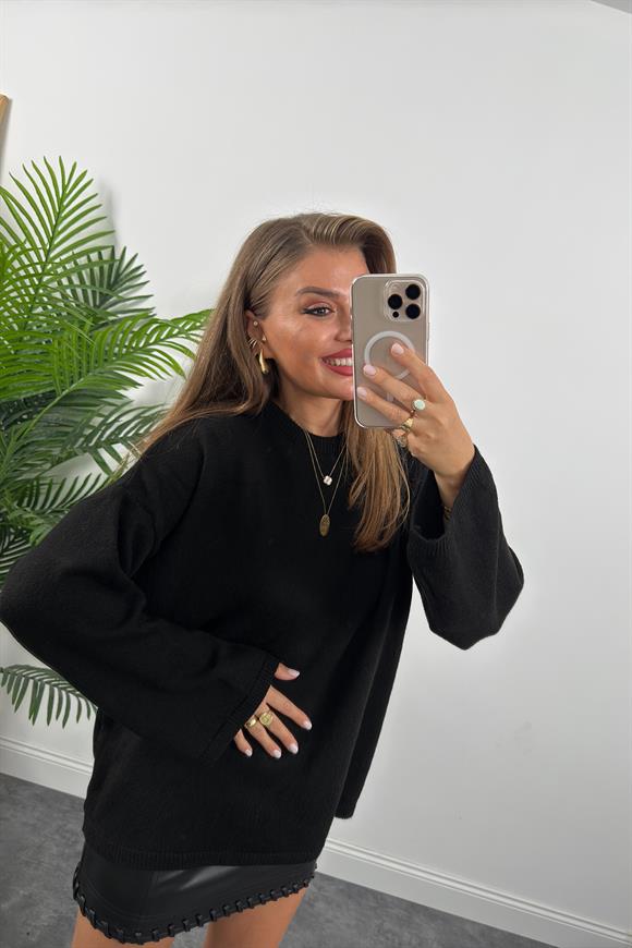 Geniş Kol Basic Yumoş Salaş Kazak Siyah