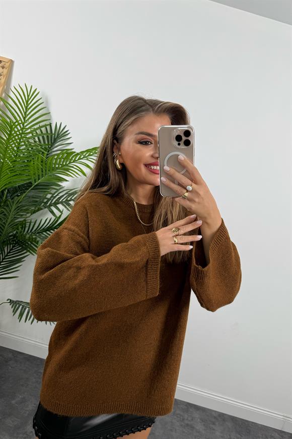 Geniş Kol Basic Yumoş Salaş Kazak Taba Kahve