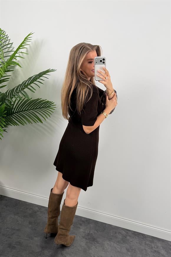 Gold Düğme Likralı Triko Çan Elbise Acı Kahve