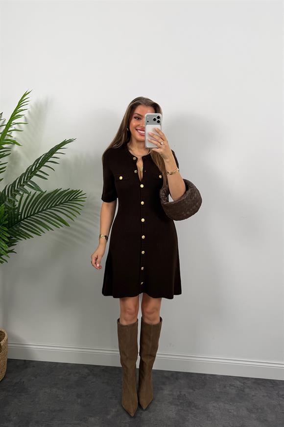 Gold Düğme Likralı Triko Çan Elbise Acı Kahve