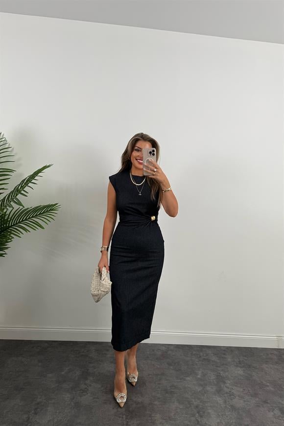 Gold Tokalı Premium Kalite Midi Boy Likralı Jean Elbise