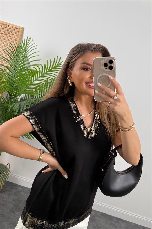 Gold Varaklı V Yaka 3 İplik Sweatshirt Siyah