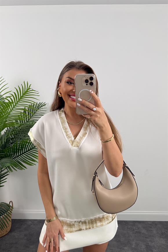 Gold Varaklı V Yaka 3 İplik Sweatshirt Beyaz