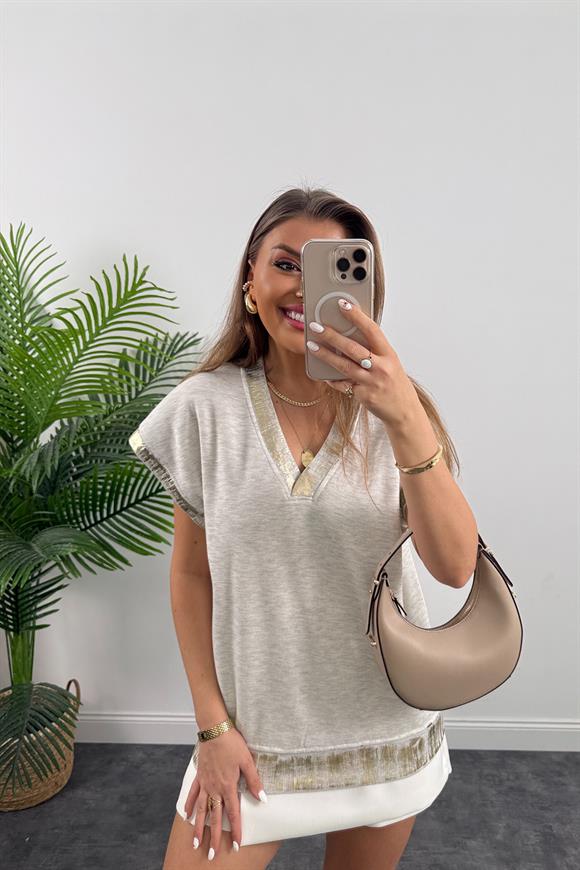 Gold Varaklı V Yaka 3 İplik Sweatshirt Gri