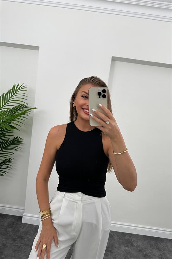 Halter Yaka Düz Basic Pamuklu Body Siyah