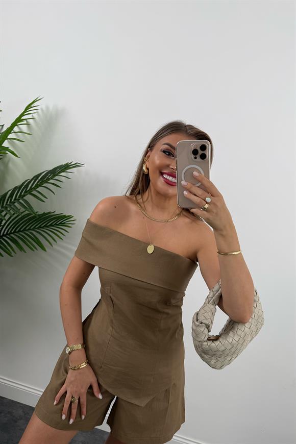 Ham Keten Tasarım Şort Bluz Takım Kahverengi