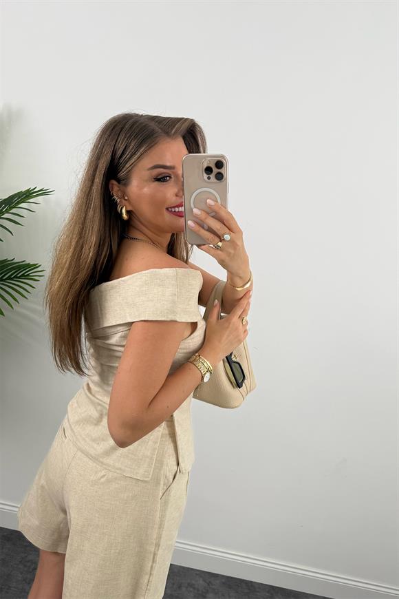 Ham Keten Tasarım Şort Bluz Takım Naturel Taş