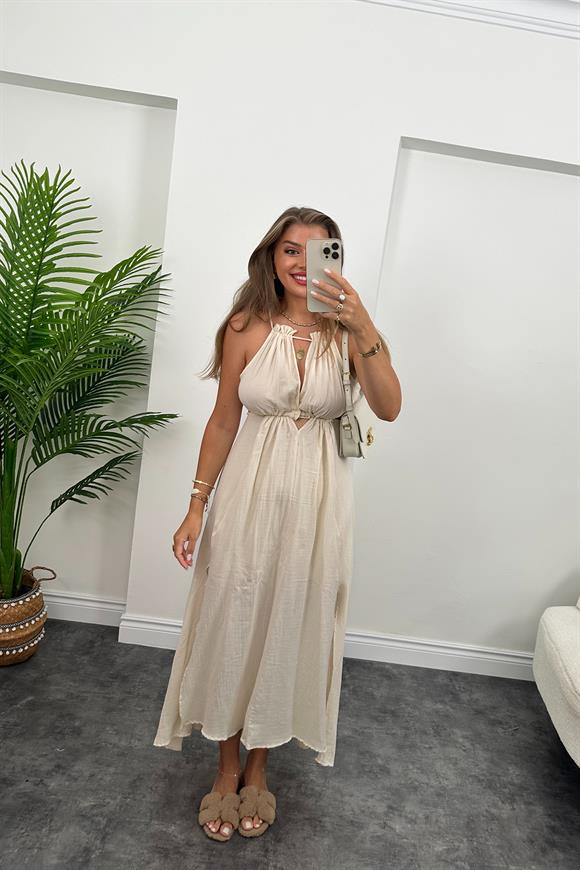 Helen Çift Yırtmaçlı Tasarım Müslin Maxi Elbise Naturel 