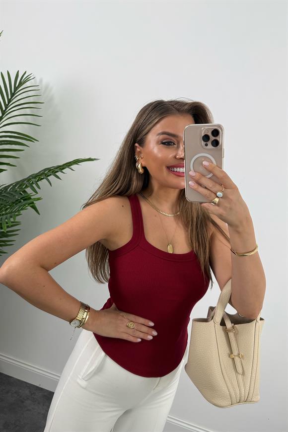 İnce Askılı U Yaka Fitilli Basic Atlet Bordo