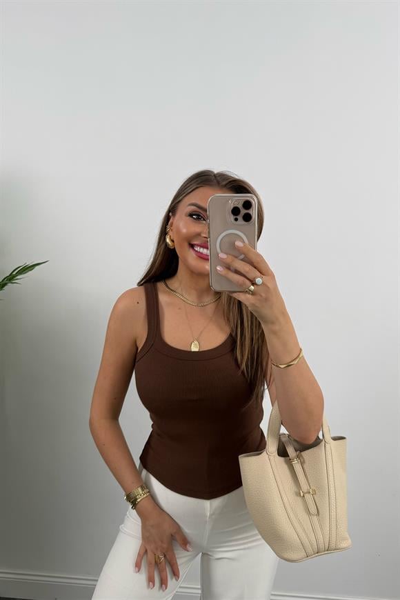 İnce Askılı U Yaka Fitilli Basic Atlet Kahverengi
