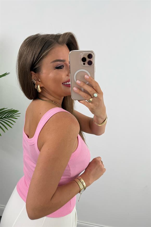 İnce Askılı U Yaka Fitilli Basic Atlet Pembe