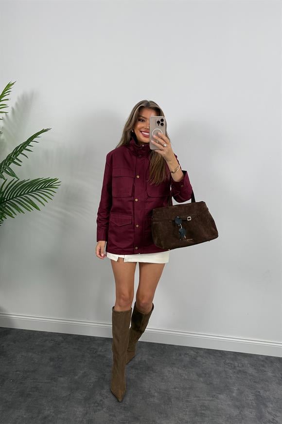 İngiliz Model Lüx Kalite 4 Cepli Parka Trençkot Bordo