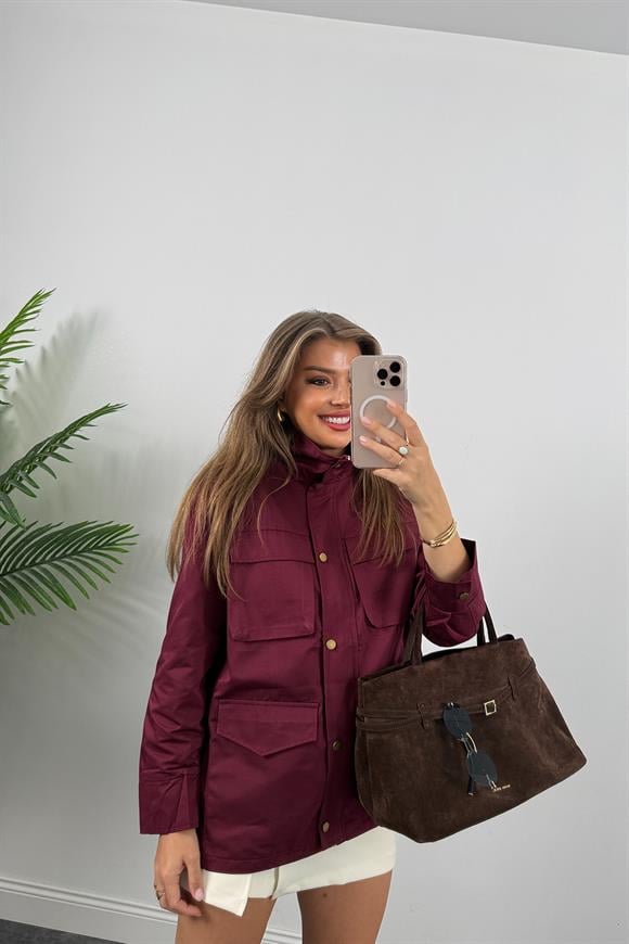 İngiliz Model Lüx Kalite 4 Cepli Parka Trençkot Bordo