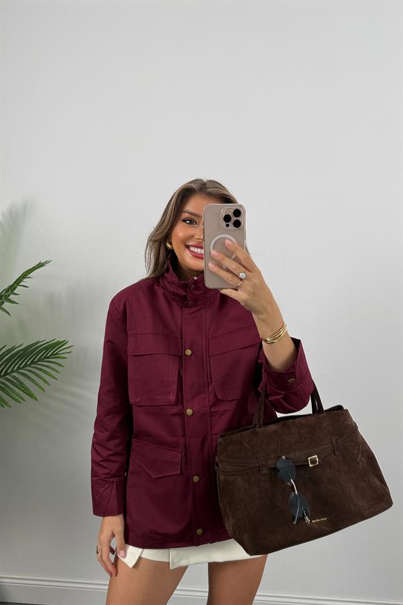 İngiliz Model Lüx Kalite 4 Cepli Parka Trençkot Bordo